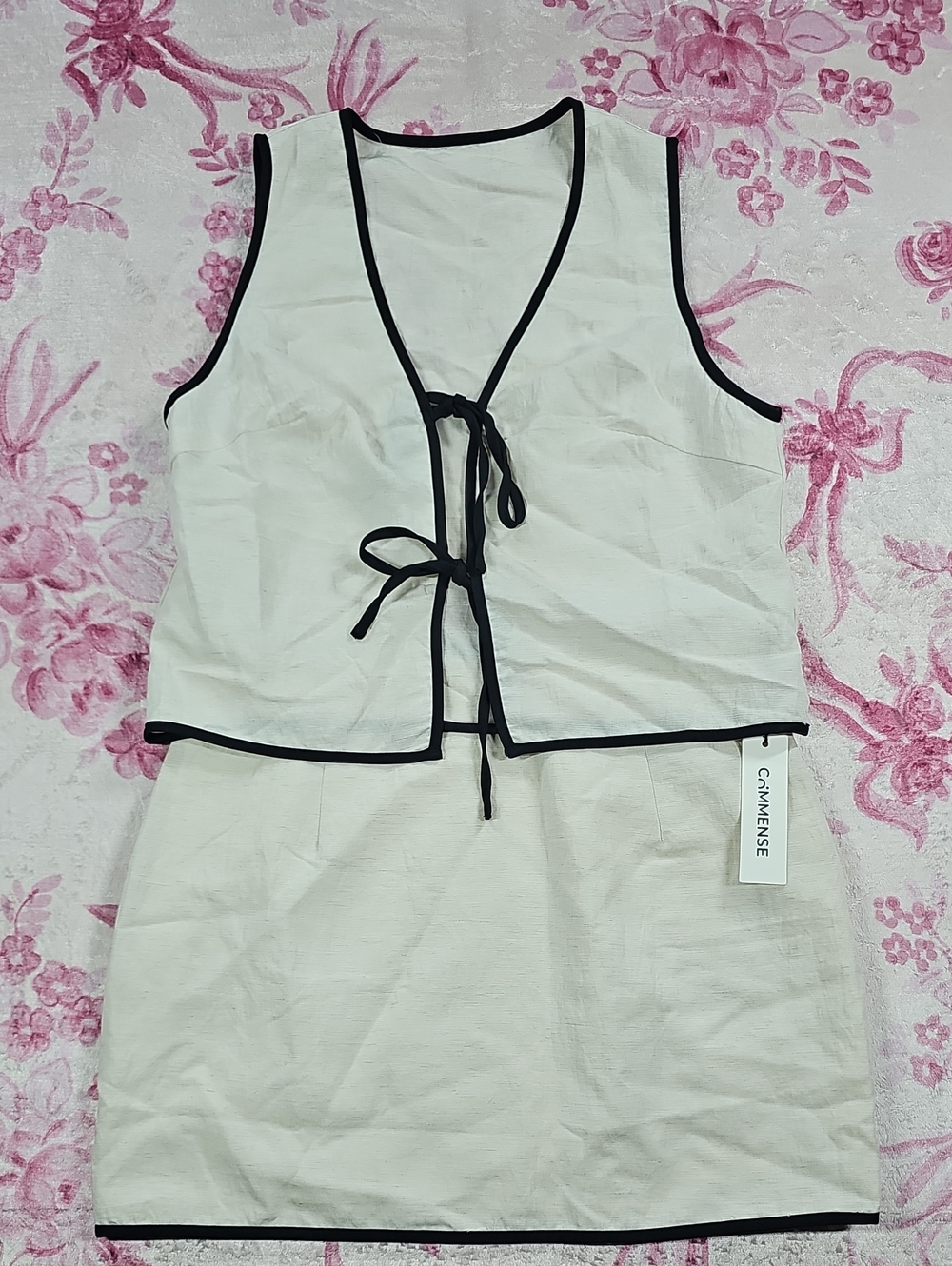 Commense Cream Black Contrast Trim Vest & Mini Skirt Set OA2502 Tencel Linen Med